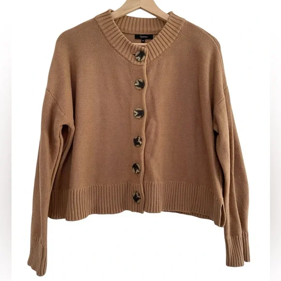 Quince Organic Cotton Cropped Cardigan Sweater Camel Brown Faux Horn Button Sz M - Picture 5 of 16